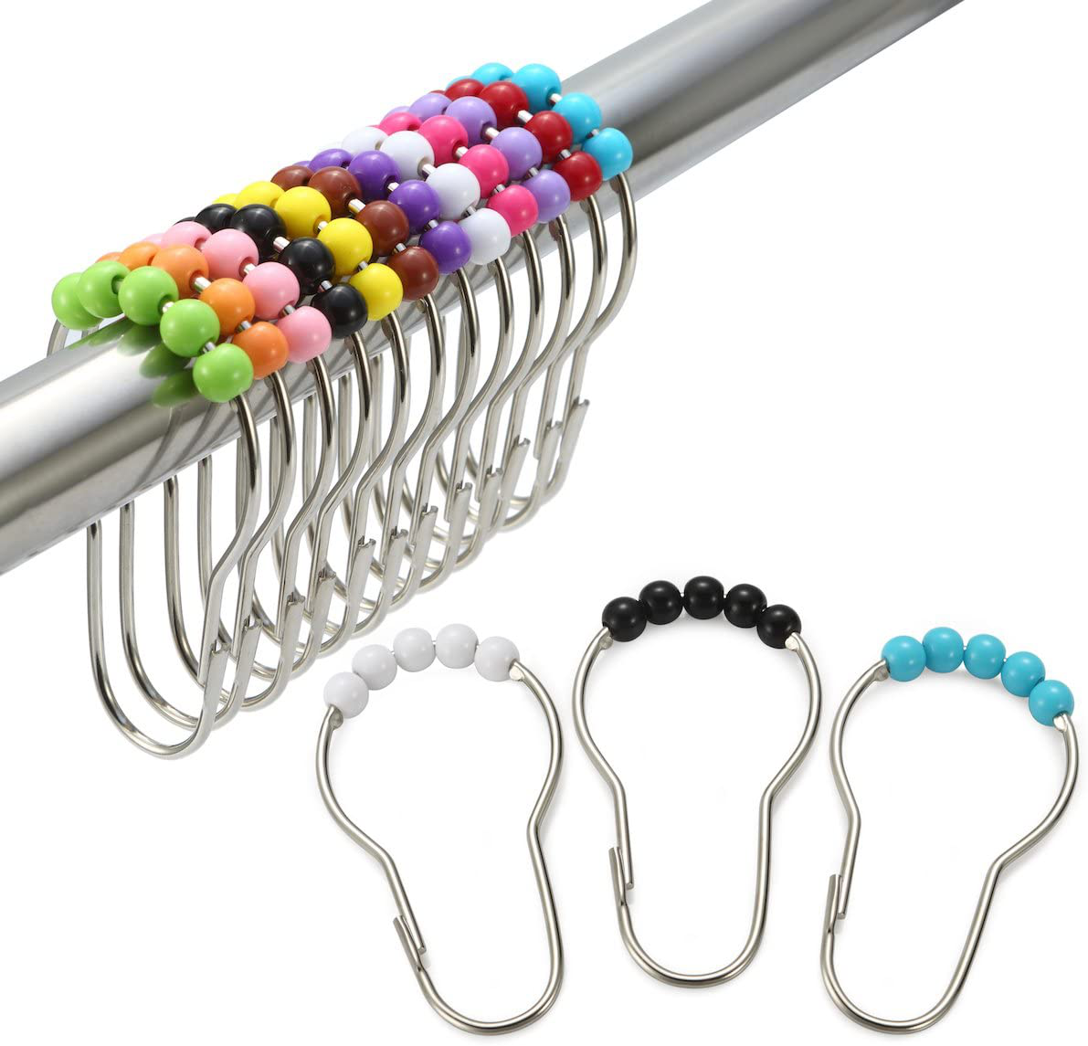 Amazer Shower Curtain Hooks Rings, Stainless Steel Shower Curtain Rings and Hooks for Bathroom Shower Rods Curtains-Set of 12