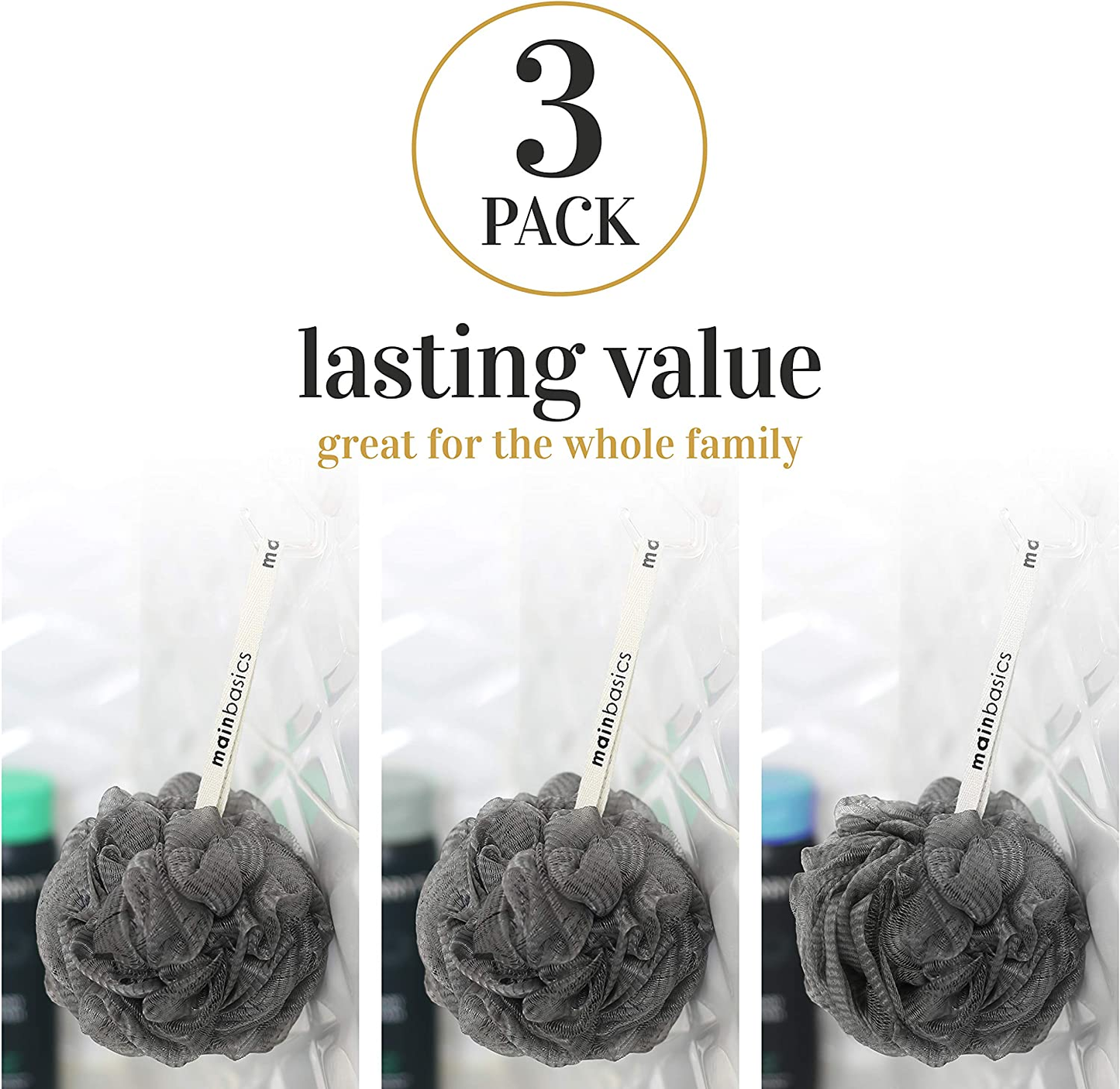 Charcoal-Infused Bath Shower Loofah Sponge Pouf Body Scrubber Exfoliator (Set of 3)