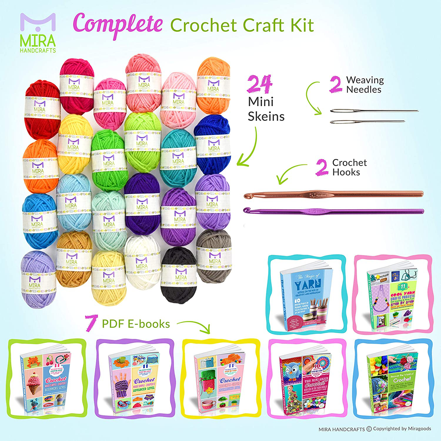 Mira Handcrafts 24 Acrylic Yarn Skeins Total of 525 Yards Craft Yarn for Knitting and Crochet