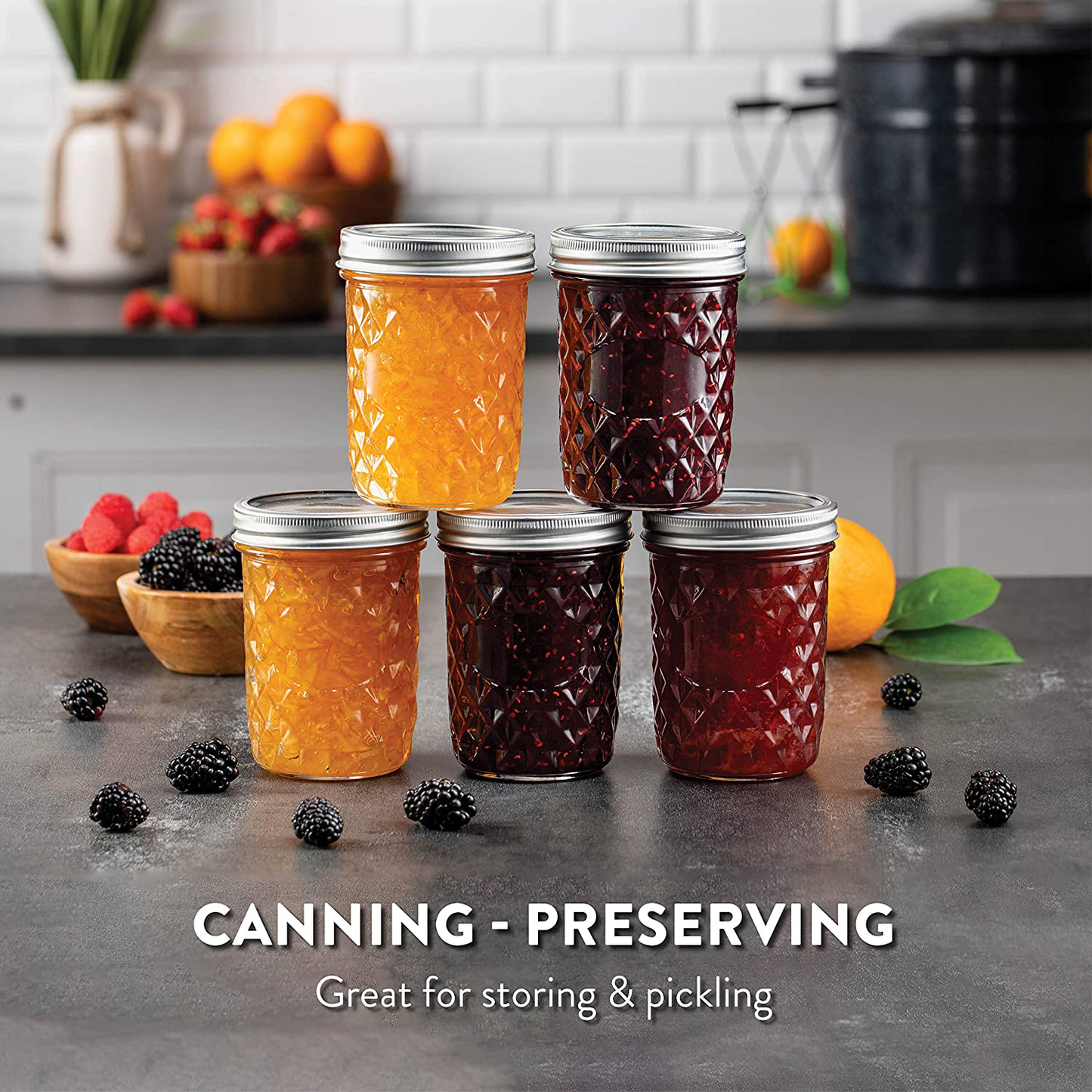 Quilted Wide Mouth Glass Mason Jars - 16-Ounce (6-Pack) Canning Jars with Lids and Bands, Chalkboard Labels, for Canning, Preserving, Pickling, Meal Prep, Jam, Jelly, Overnight Oats, Dishwasher Safe