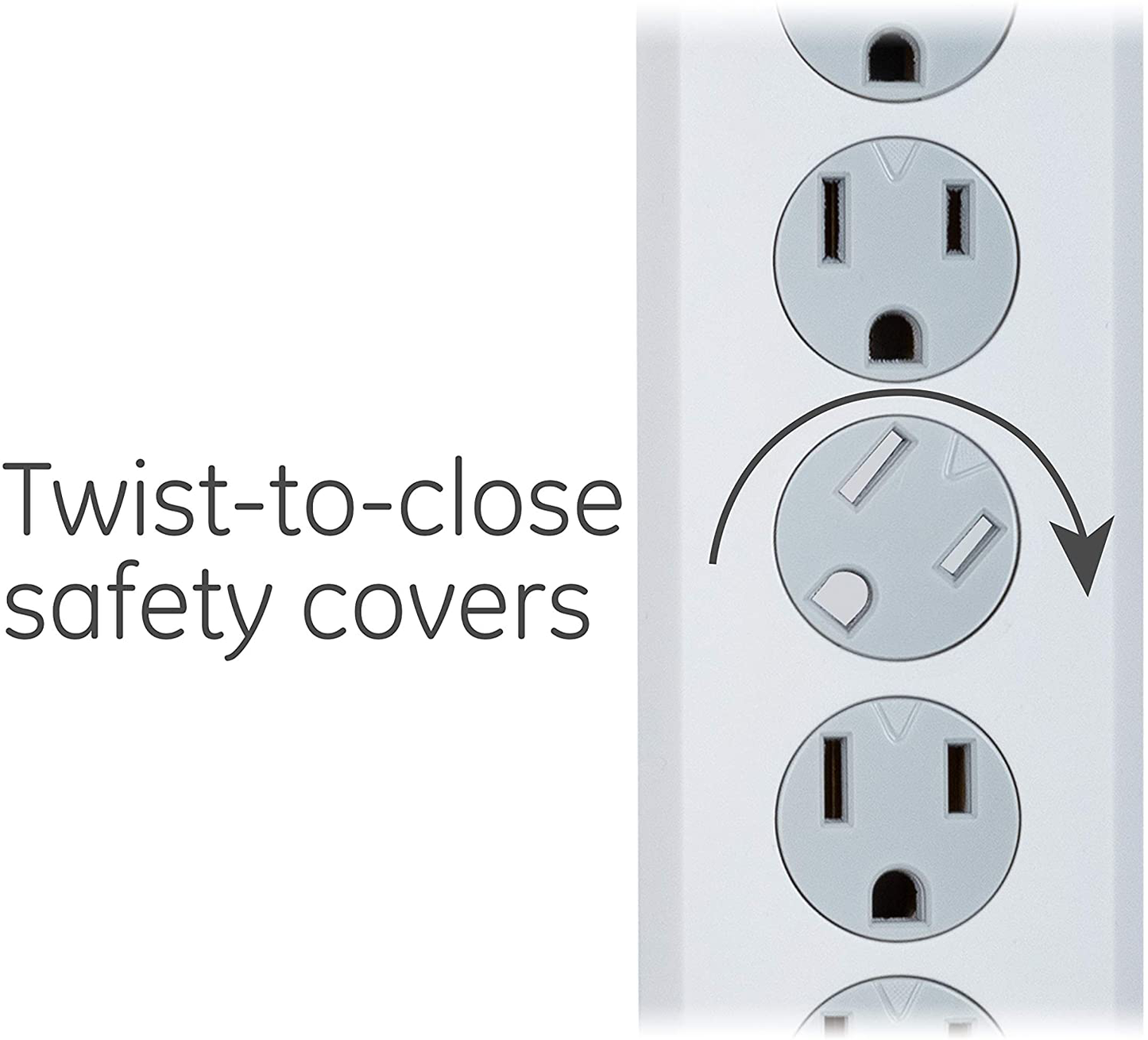 GE 6 Outlet Surge Protector, 10 Ft Extension Cord, Power Strip, 800 Joules, Flat Plug, Twist-to-Close Safety Covers, White, 14092