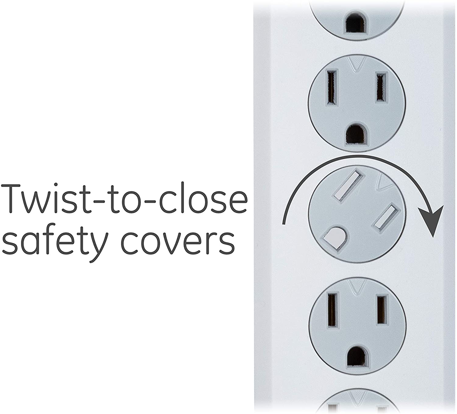 GE 6 Outlet Surge Protector, 10 Ft Extension Cord, Power Strip, 800 Joules, Flat Plug, Twist-to-Close Safety Covers, White, 14092