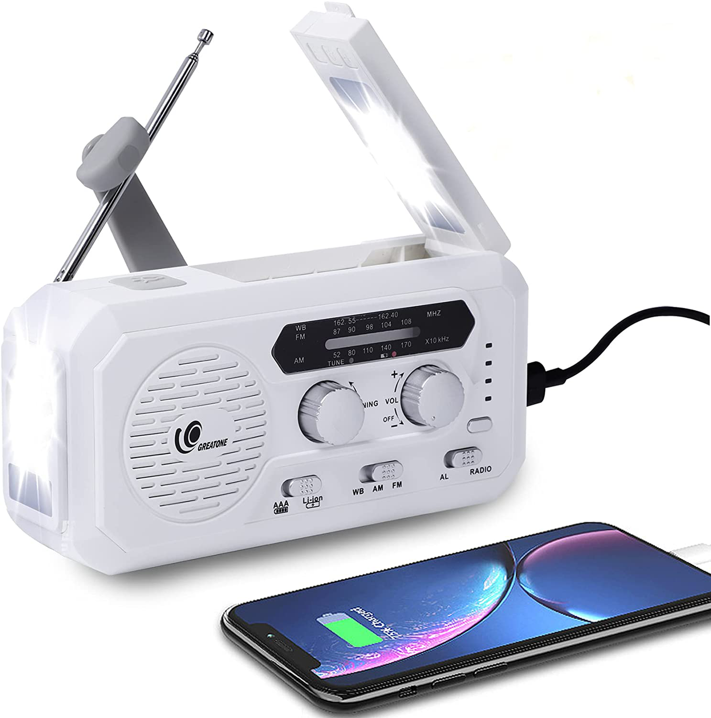 GREATONE Weather Radio Emergency Solar Crank Radio with Flashlight and Reading Lamp,AM/FM/NOAA Protable Weather Radio for Home and Outdoor,5000mAh Power Bank SOS Alarm