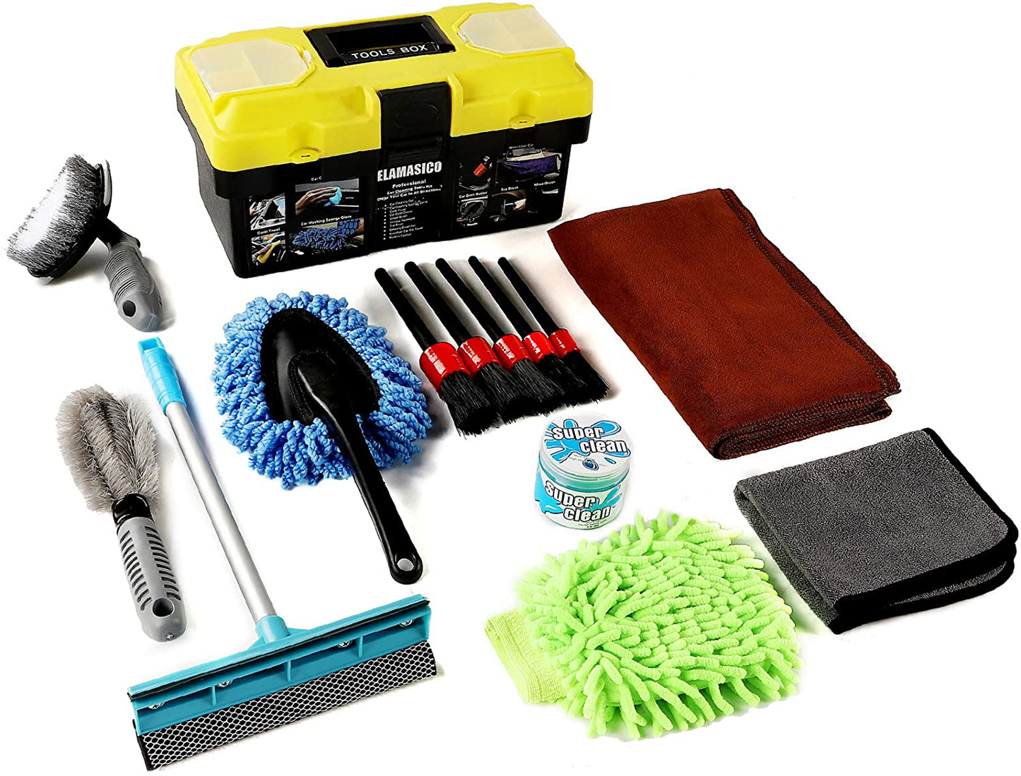 ELAMASICO Car Wash Kit with Box,Interior Car Detailing Kit,Car Detailing Tools Cleaning Kit-Detailing Brushes Set,Cleaning Gel,Microfiber Cleaning Cloth,Car Wash Mitt,Duster,Squeegee(14 PCS)