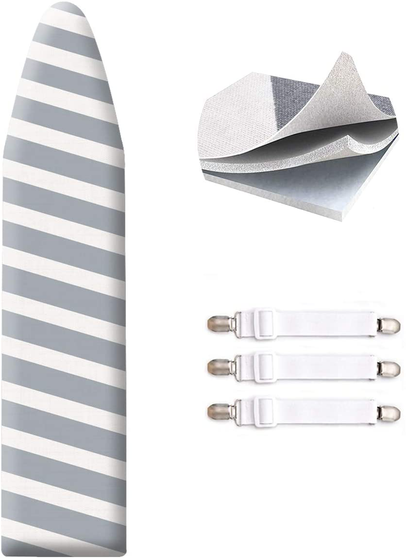 SheeChung 42”x12” Ironing Board Cover and Pad - with Pull Bungee Fit System and 3 Connecting Straps,Premium Heavy Duty 3-Layer Silicone Coated Cover,Heat Reflective, Scorch Resistant