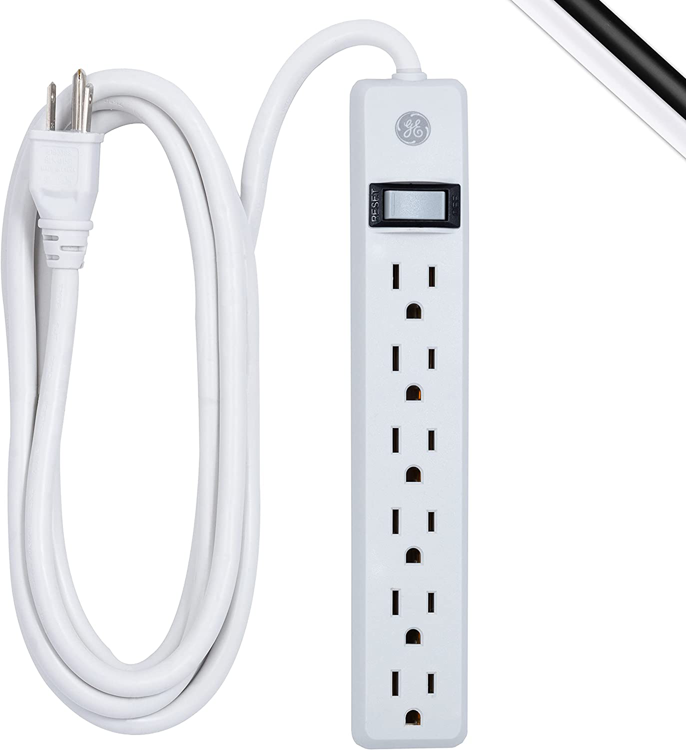 GE, White, 6 Outlet 2 Pack, 2 Ft Cord, Switched Power Strip, Integrated Circuit Breaker, Overload Protection, Wall Mountable, 3 Prong, UL Listed, 14833, Count