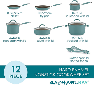 Rachael Ray Cucina Nonstick Cookware Pots and Pans Set, 12 Piece, Agave Blue