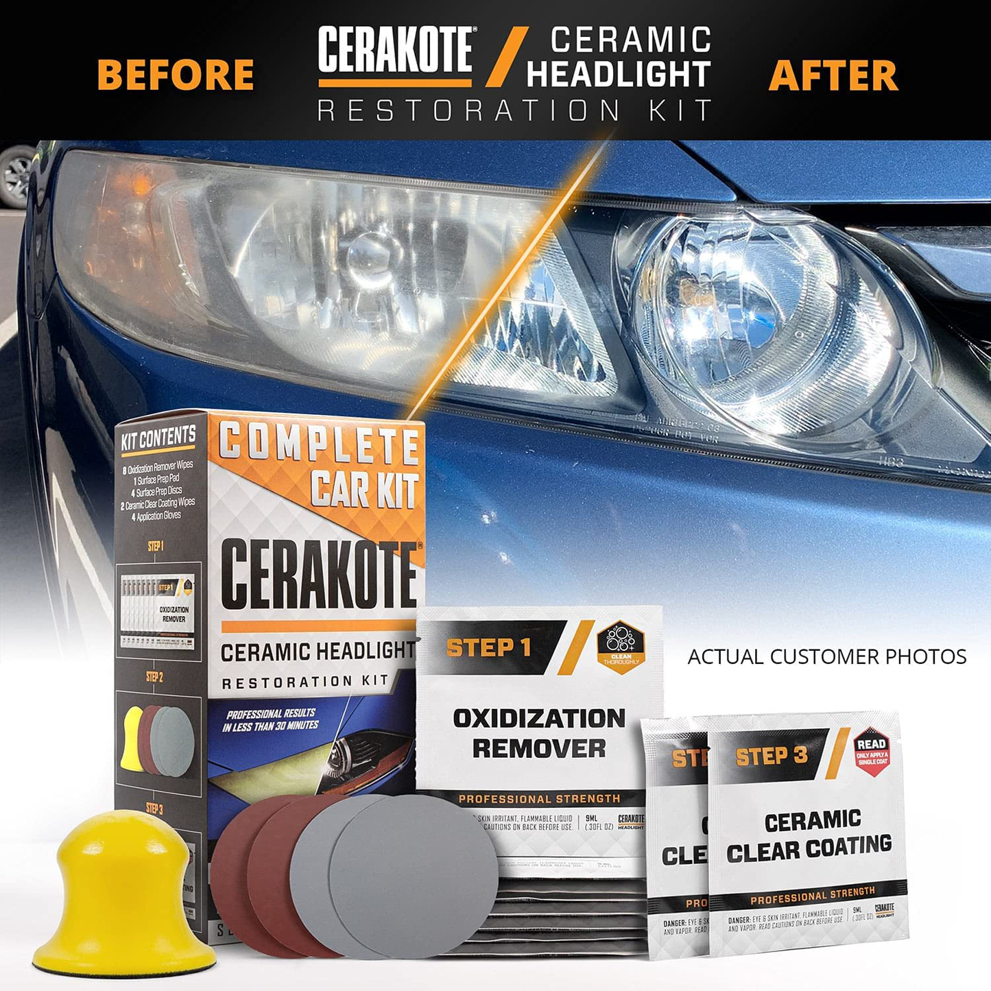 CERAKOTE Ceramic Headlight Restoration Kit – Guaranteed To Last As Long As You Own Your Vehicle – Brings Headlights back to Like New Condition - 3 Easy Steps - No Power Tools Required