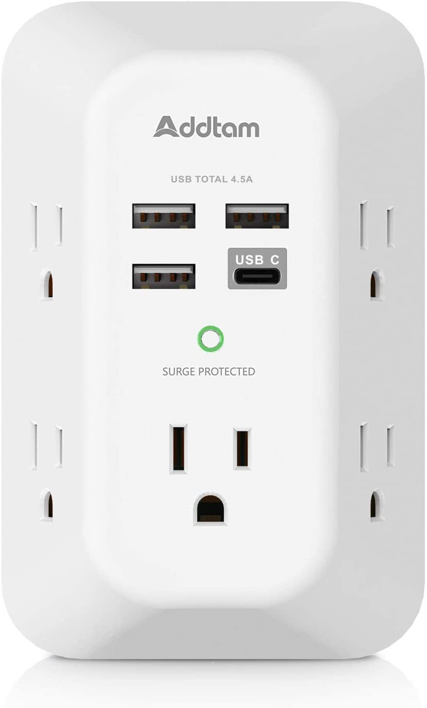 USB Wall Charger Surge Protector 5 Outlet Extender with 4 USB Charging Ports ( 1 USB C Outlet) 3 Sided 1800J Power Strip Multi Plug Outlets Wall Adapter Spaced for Home Travel Office ETL Listed