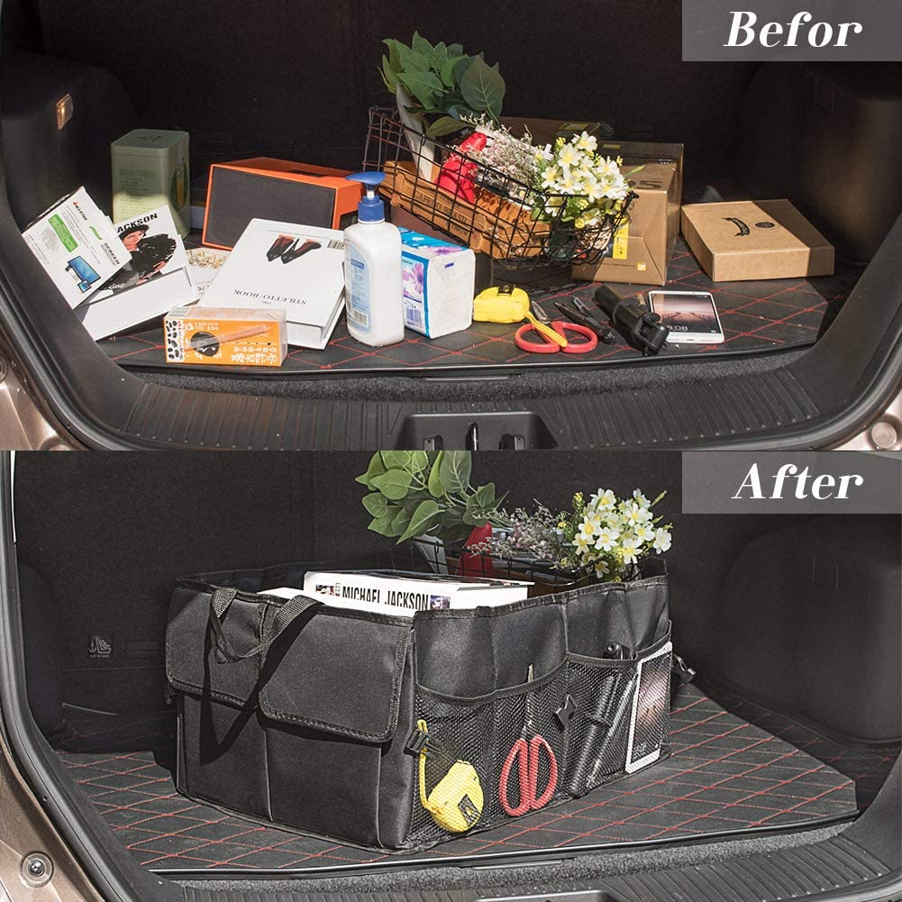 Car Trunk Organizer, Trunk Organizer for SUV, 8 Pocket Backseat Trunk Organizer, Waterproof, Dust-Proof, Durable Foldable Cargo Net Storage for More Trunk Space with Adjustable Straps, Black