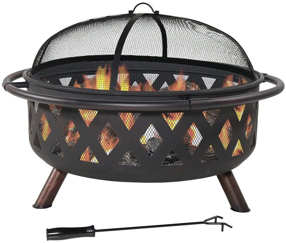 Sunnydaze Crossweave Outdoor Fire Pit - 36 Inch Large Bonfire Wood Burning Patio & Backyard Firepit for Outside with Spark Screen, Poker, and Round Fireplace Cover, Black