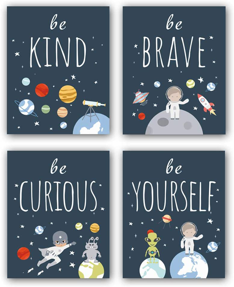 Unframed Inspirational Art Print, Outer Space Planet Wall Art Painting ,Set of 4(8" x10" )Be Kind Be Brave Be Curious Be Yourself Quote Canvas Posters For Boys Bedroom Nursery Decor