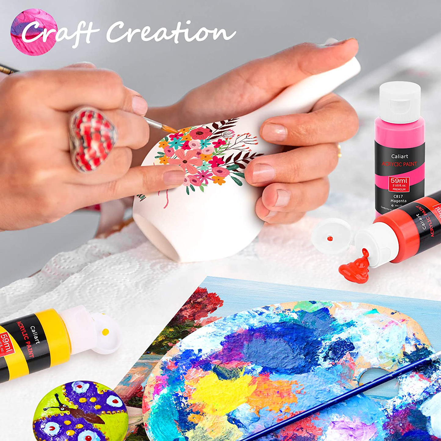 Acrylic Paint Set, Caliart 24 Vivid Colors (59ml, 2oz) Art Craft Paint Supplies for Canvas Wood Ceramic Rock Painting