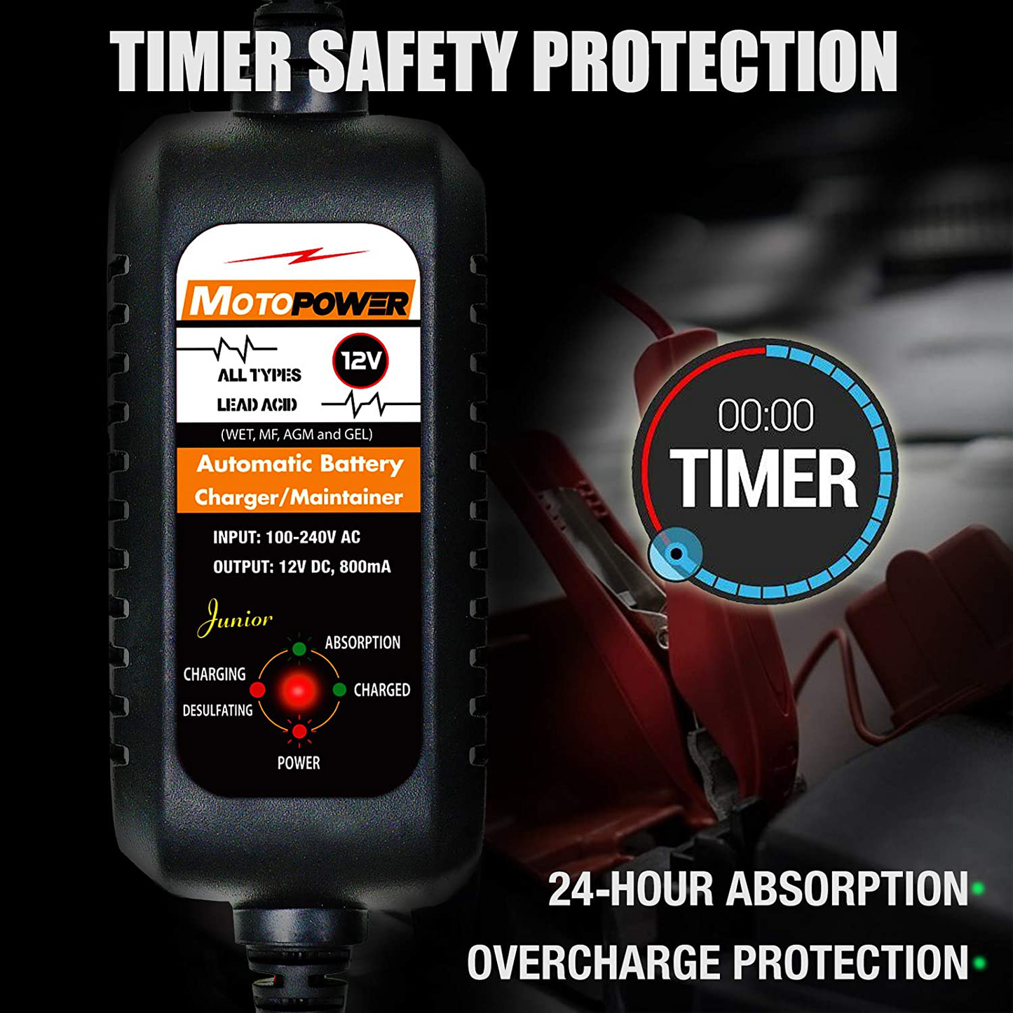 12V 800Ma Automatic Battery Charger, Battery Maintainer, Trickle Charger, and Battery Desulfator