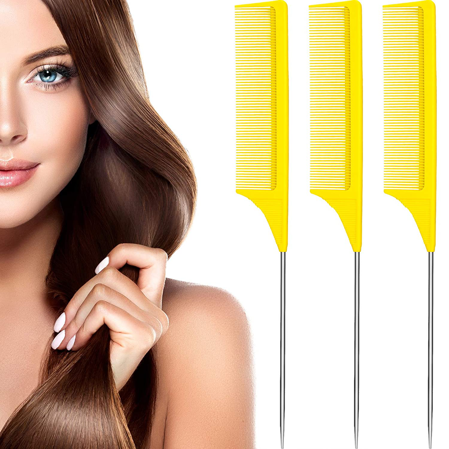3 Packs Rat Tail Comb Steel Pin Rat Tail Carbon Fiber Heat Resistant Teasing Combs with Stainless Steel Pintail