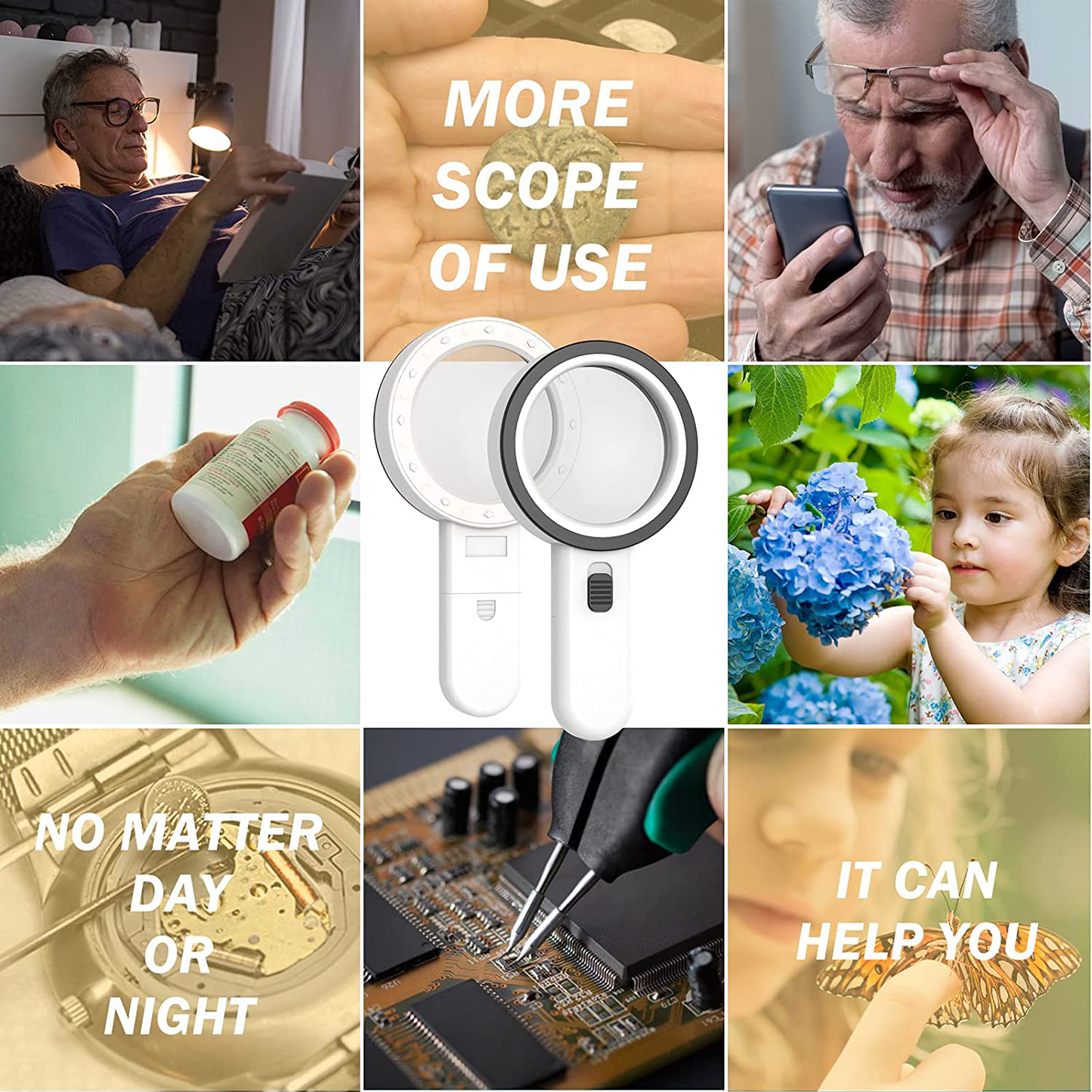 Magnifying Glass with Light, 30X Handheld Large Magnifying Glass 12 LED Illuminated Lighted Magnifier for Macular Degeneration, Seniors Reading, Soldering, Inspection, Coins, Jewelry, Exploring(White)