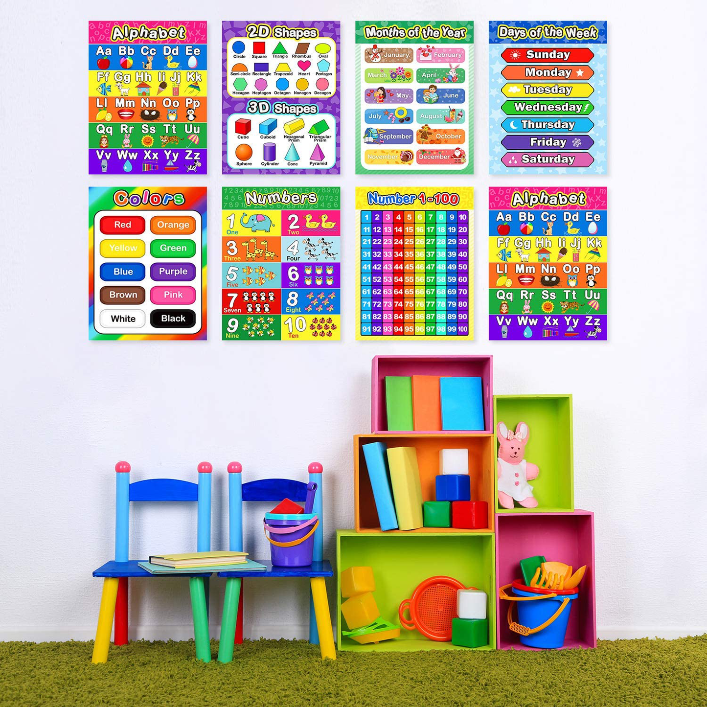 Extra Large Preschool Educational Learning Posters for Kids Toddlers, Nursery Homeschool Pre-K Kindergarten Classroom Decoration, 17 x 22 Inch (4 Pieces, Alphabet, Number 1-10, Shapes, Colors)