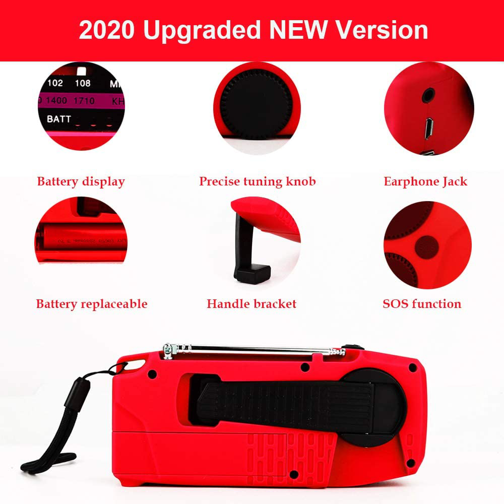Portable Solar Emergency Hand Crank AM FM NOAA Weather Radio for Home Outdoor with LED Flashlight, 2000mAh Power Bank USB Charger, SOS Alarm,Battery Display