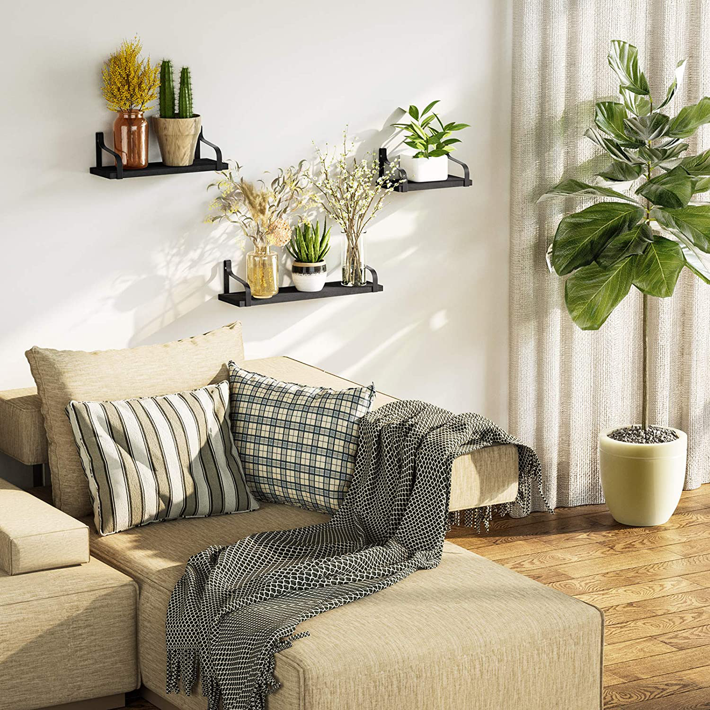 Love-KANKEI Floating Shelves Wall Mounted Set of 3, Rustic Wood Wall Storage Shelves for Bedroom, Living Room, Bathroom, Kitchen, Office and More White