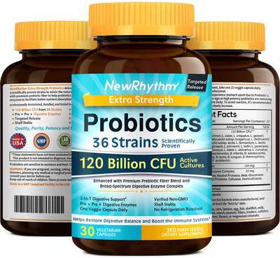 NewRhythm Extra Strength Probiotics 120 Billion CFU 36 Strains, 3-in-1 Digestive & Immune Support with Prebiotics & Enzymes, Targeted Release, Stomach Acid Resistant, No Refrigeration, Non-GMO, Vegan