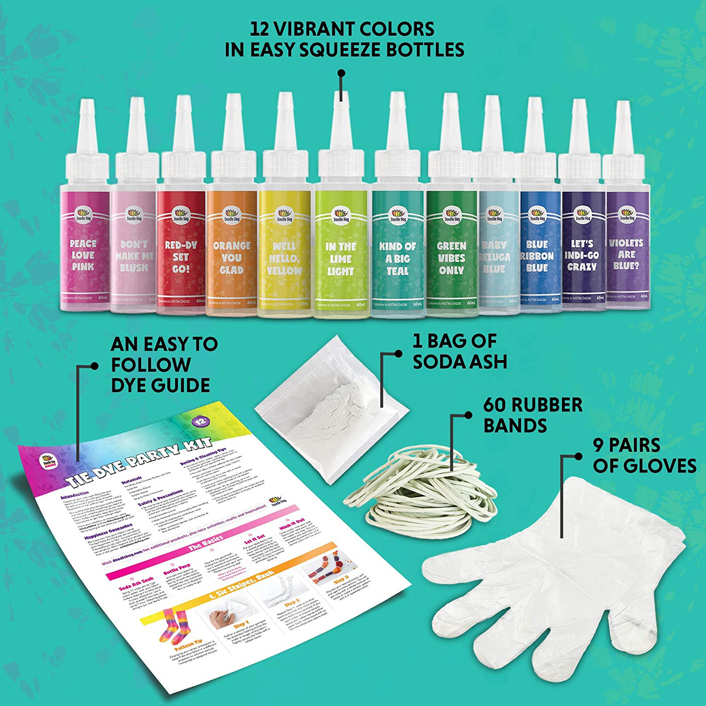 Doodlehog Easy Tie Dye Party Kit for Kids, Adults, and Groups. Create Vibrant Designs with Non-Toxic Dye