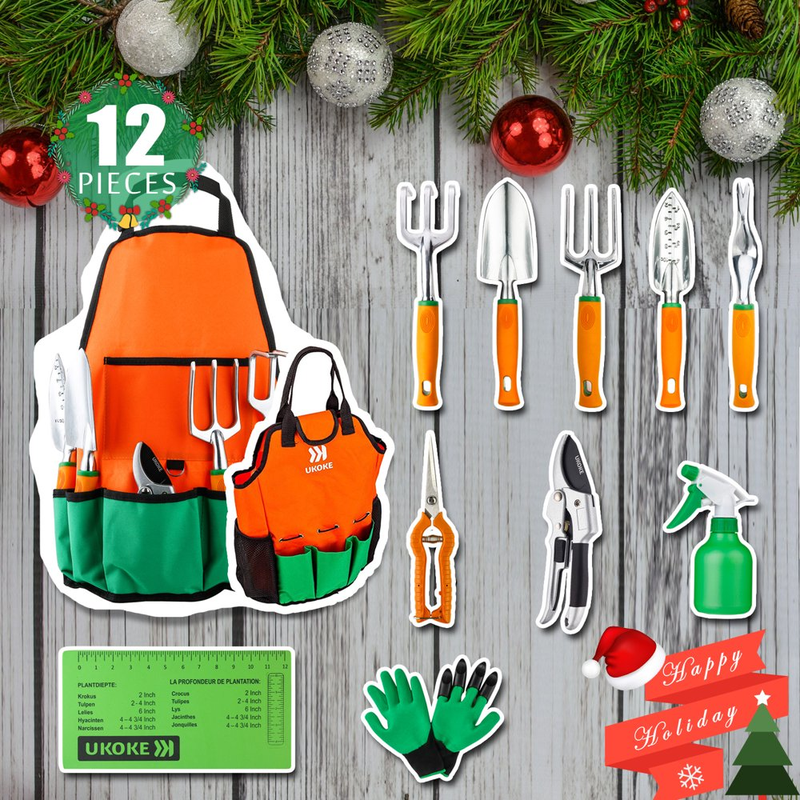 12 Piece Aluminum Garden Tools Set with Apron and Storage Pockets