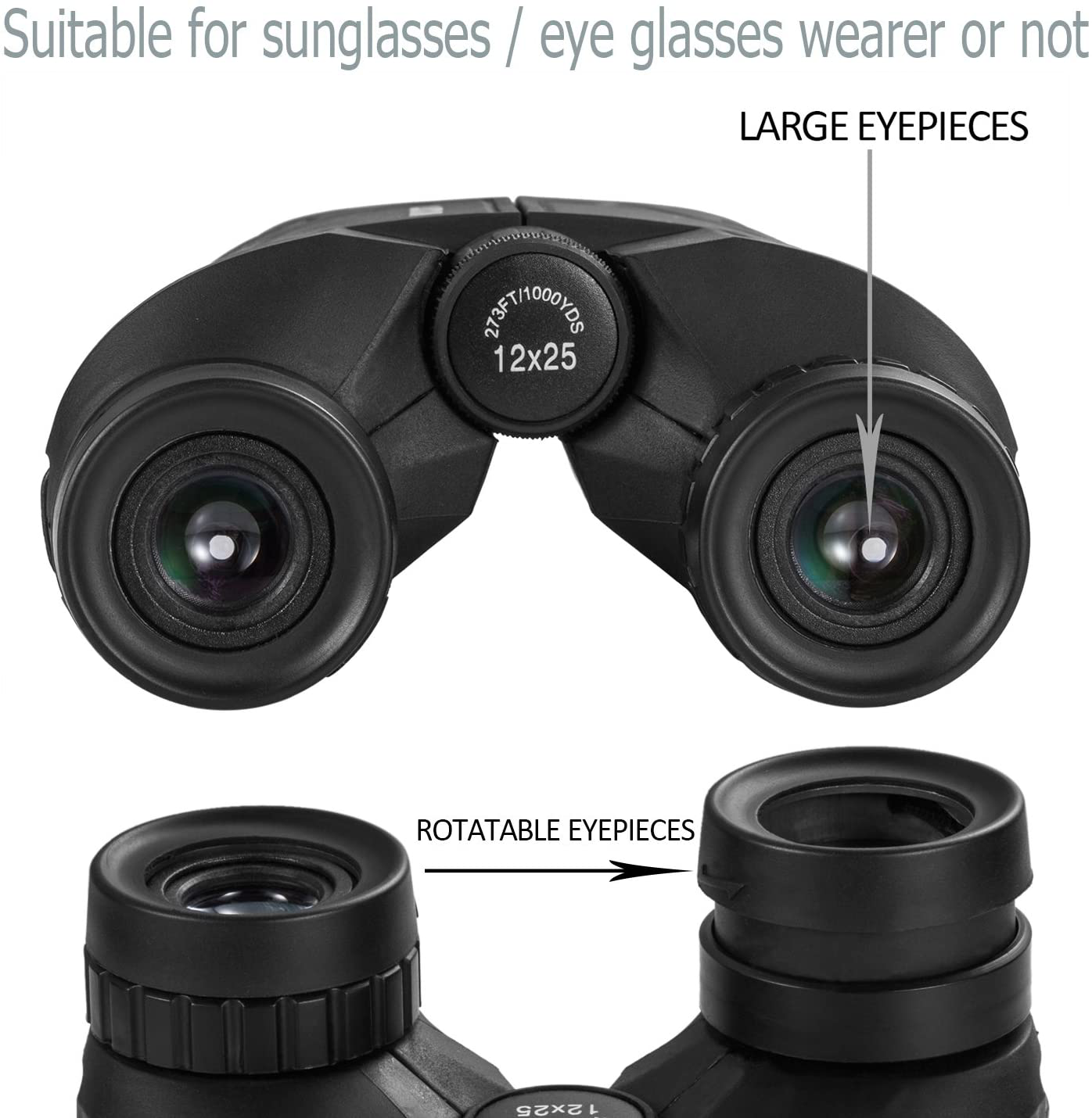 occer 12x25 Compact Binoculars with Clear Low Light Vision, Large Eyepiece Waterproof Binocular for Adults Kids,High Power Easy Focus Binoculars for Bird Watching,Outdoor Hunting,Travel,Sightseeing