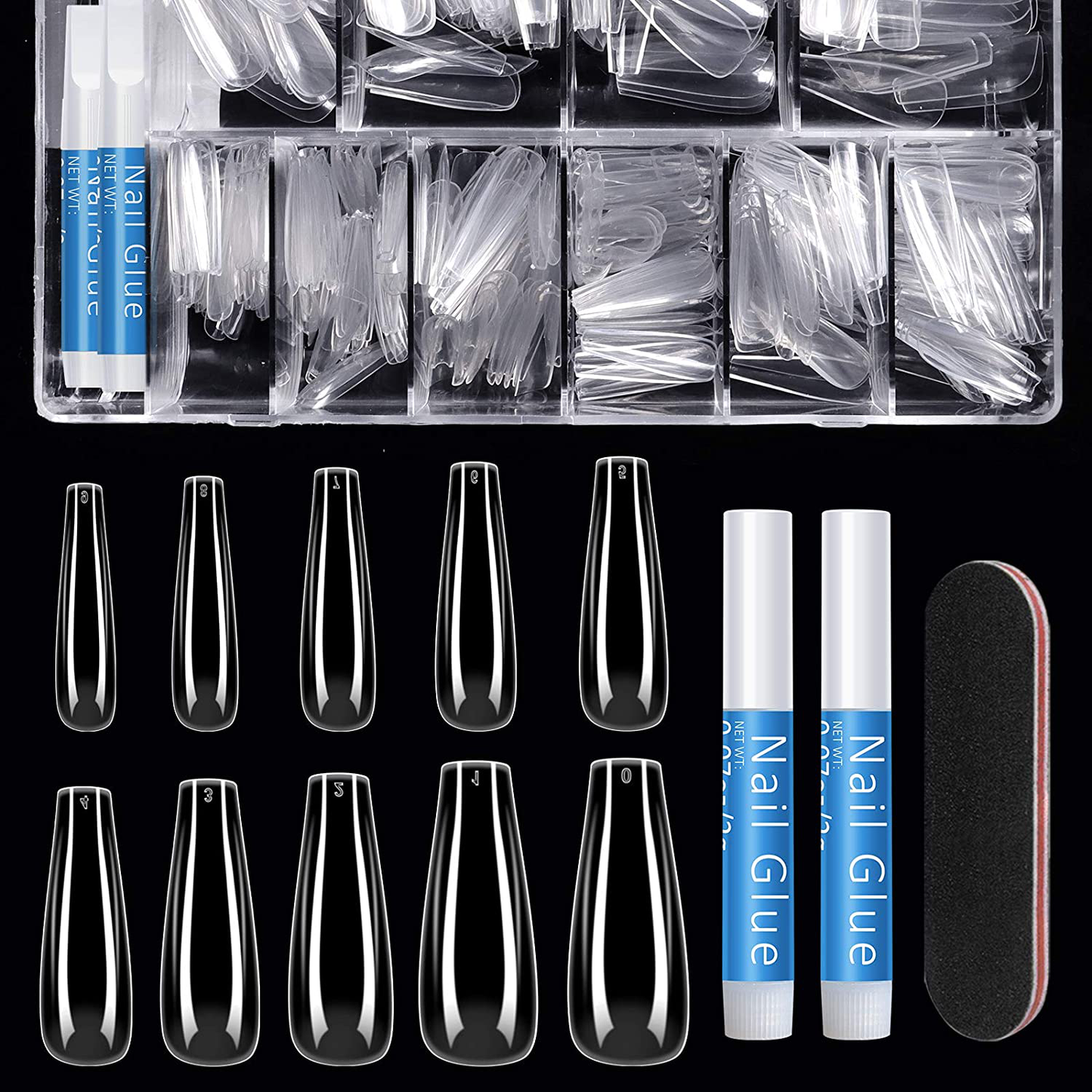 Coffin Nails Long Fake Nails - Clear Acrylic Nails Coffin Shaped Ballerina Nails Tips 500Pcs Full Cover False Nail with 4Pcs Nail Glues and 1Pcs Nail File, 10 Sizes