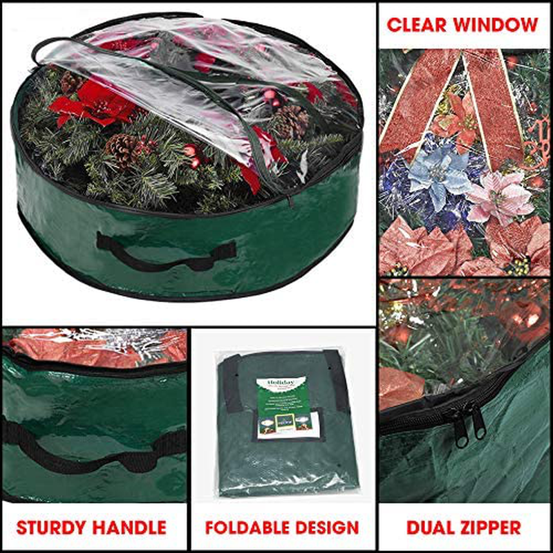 ProPik Christmas Wreath Storage Bag 36" - Garland Holiday Container with Clear Window - Tear Resistant Fabric - 36" X 36" X 8" (Green)