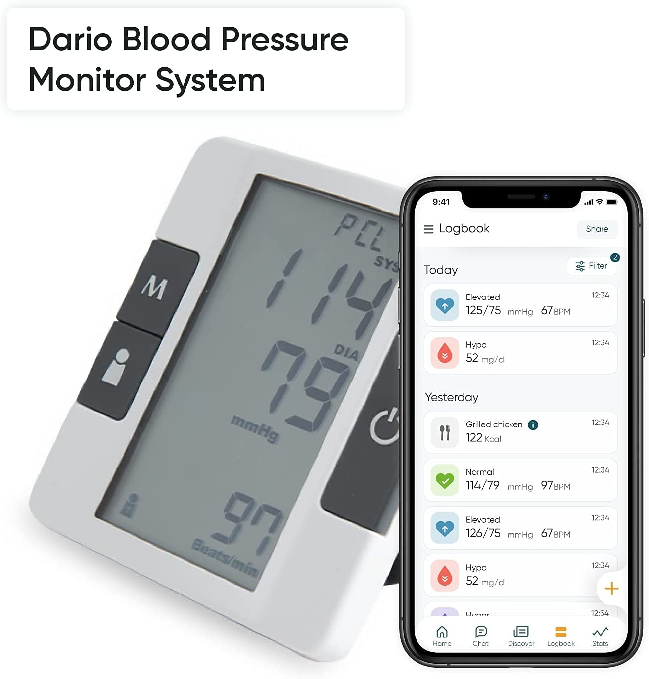 Dario Blood Pressure Monitor Upper Arm Includes: Blood Pressure Cuff, Carrying Bag and Batteries. Bluetooth to Dario Mobile App for Simple Data Tracking and Sharing (Large 9.4-17 in (24-43Cm))