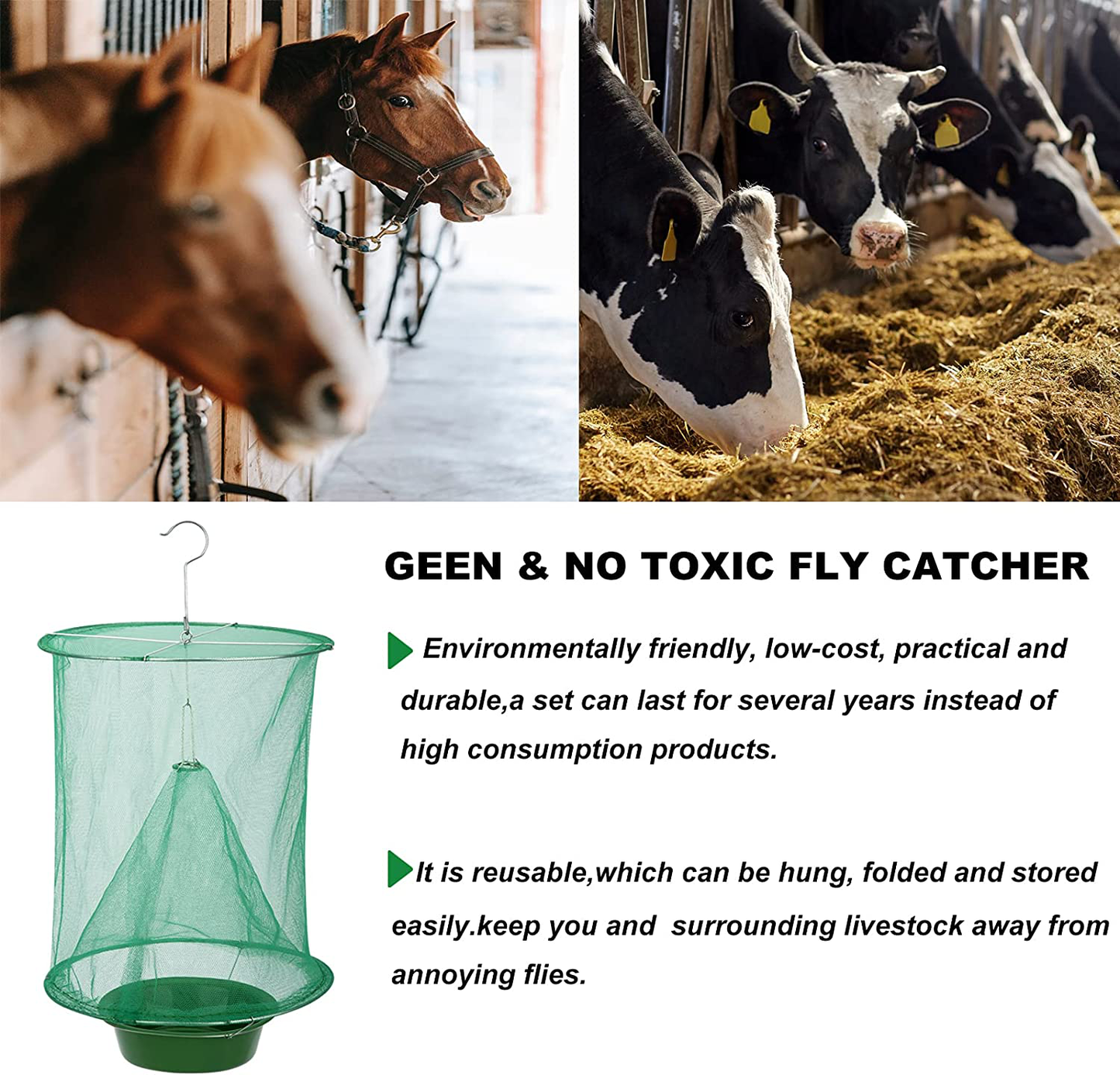 Ranch Fly Trap - Reusable Fruit Fly Trap with Bait Tray, Upgraded Flay Catcher Cage Effective Flay Bag for Indoor Outdoor Hanging Family Farms,Horse Stable,Garden,Orchard,Park,Restaurants(4 Pack