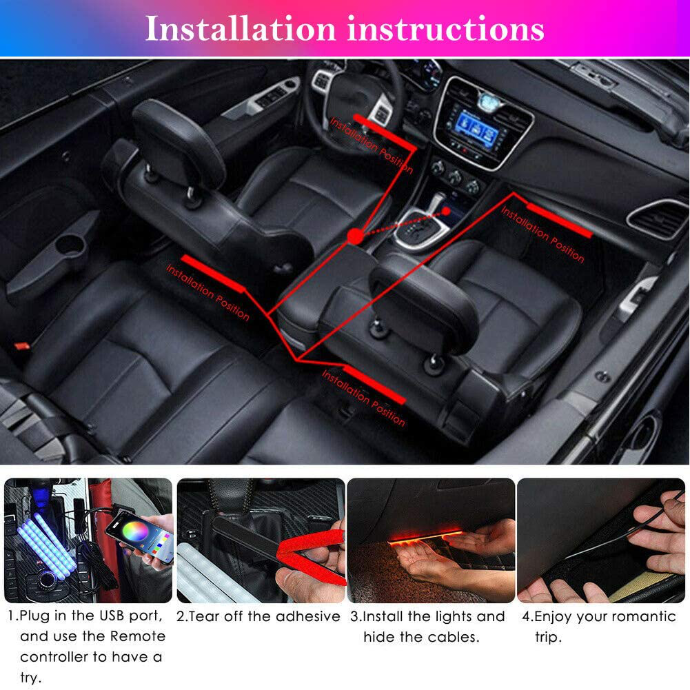 Winzwon Car Led Lights Interior 4 Pcs 48 Led Strip Light For Car With USB Port APP Control For iPhone Android Smart Phone Infinite DIY Colors Music Microphone Control
