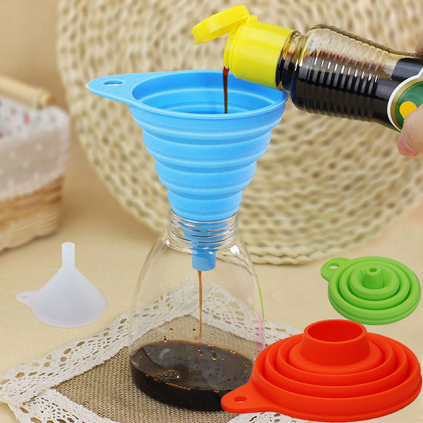 Collapsible Funnels for Kitchen Use, Mini Small Medium and Large 4 Foldable Funnel Sets for Filling Bottles Canning and Jar, Food Kitchen Items, BPA Free, Heat Resistant
