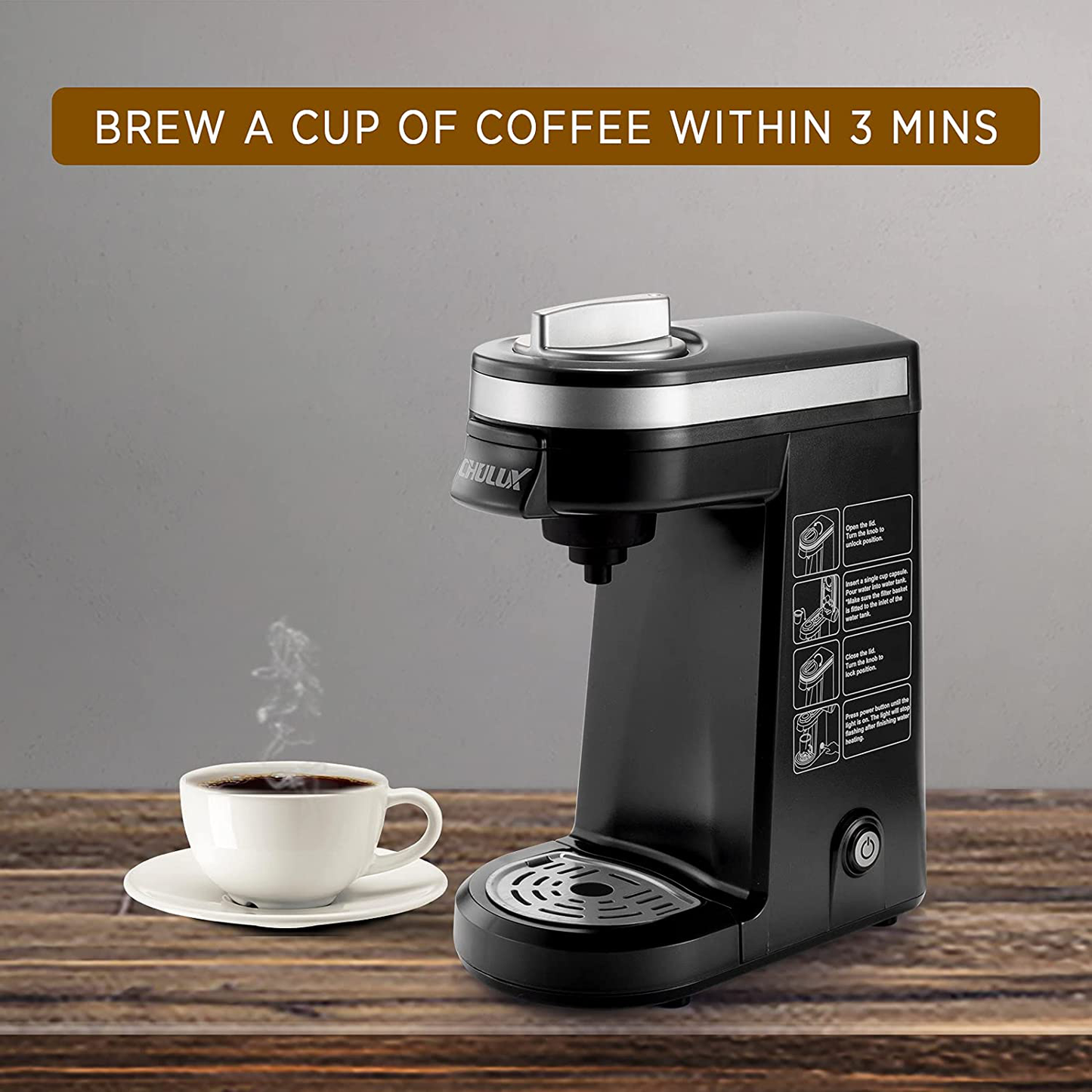 CHULUX Single Serve Coffee Brewer for Pod Capsule with 12 Ounce Built-in Water Tank,800 Watts,Gray