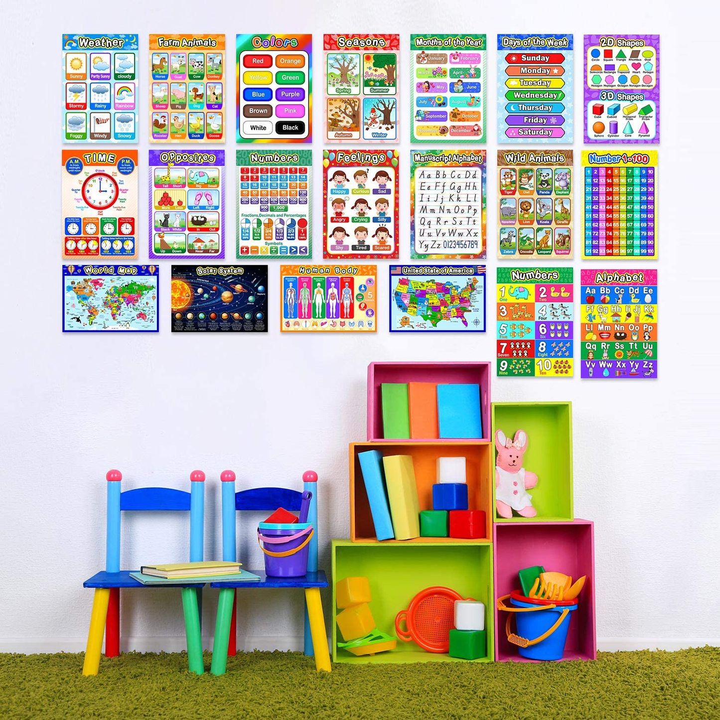 Educational Preschool Posters Learning Poster for Toddler Kid Kindergarten Classroom Learning Decoration, Large 16 x 11 Inch Nursery Homeschool Playroom Teaching Poster (Assorted Style, 20 Pieces)