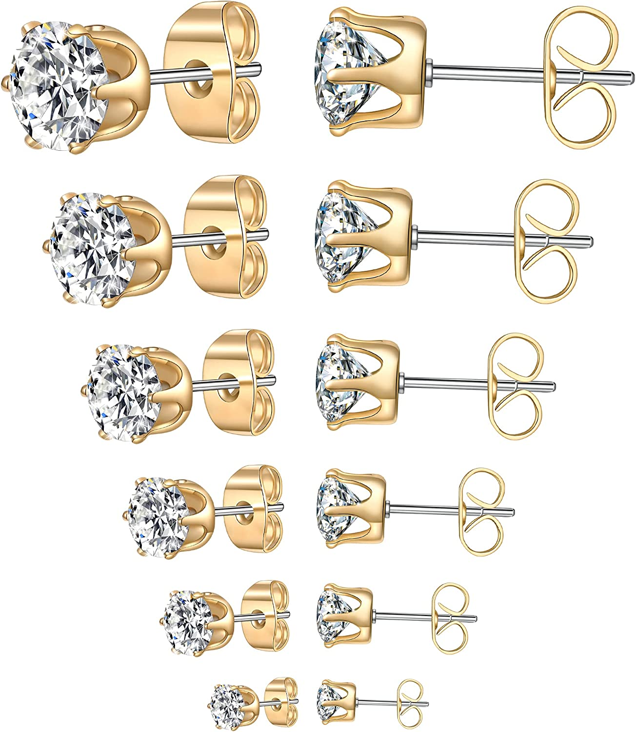 6 Pairs Stud Earrings Set,Clear Cubic Zirconia 316L Stainless Steel Earrings for Women for Men 3-8Mm