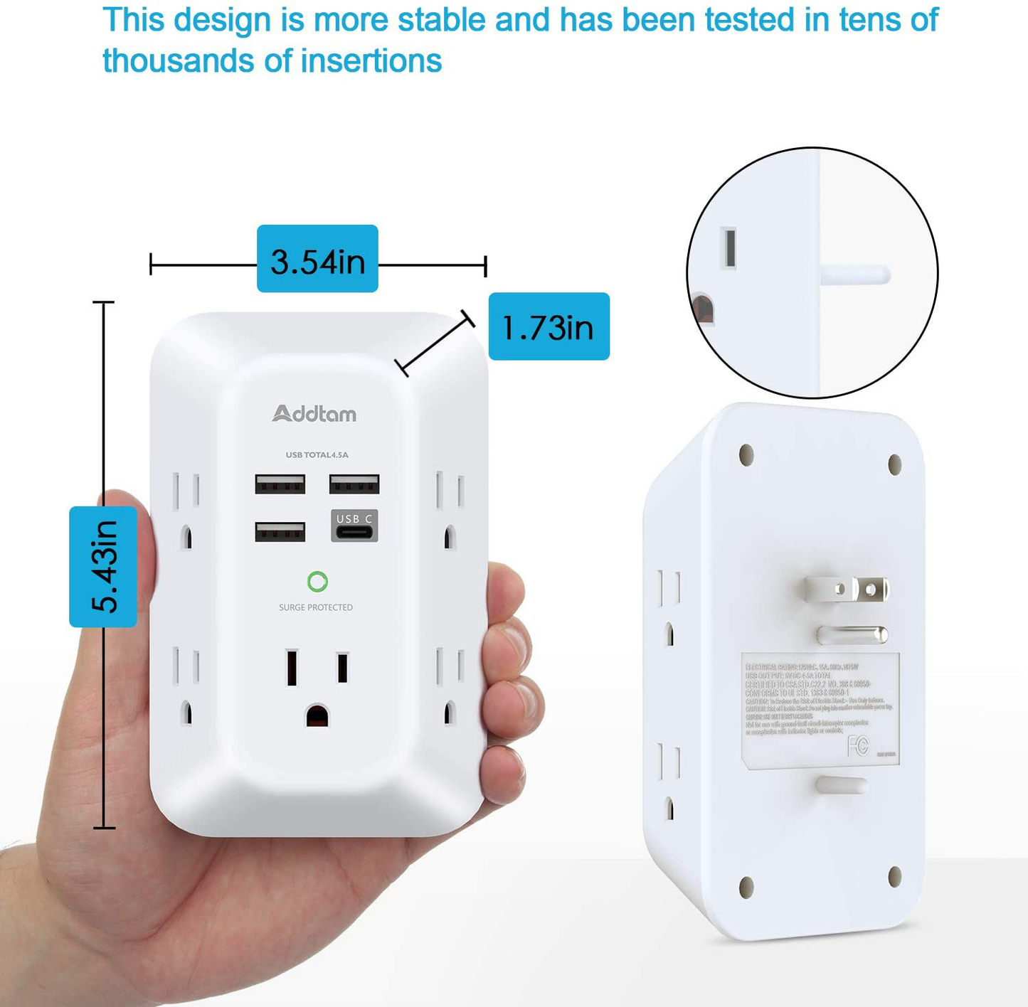 USB Wall Charger Surge Protector 5 Outlet Extender with 4 USB Charging Ports ( 1 USB C Outlet) 3 Sided 1800J Power Strip Multi Plug Outlets Wall Adapter Spaced for Home Travel Office ETL Listed