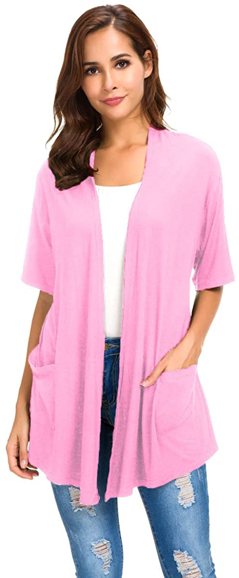 Womens Short Sleeve Open Front Lightweight Casual Comfy Long Line Drape Hem Soft Modal Cardigans Sweater with Two Pockets