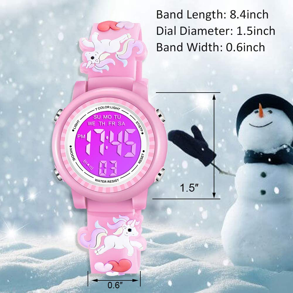 Venhoo Kids Watches 3D Cartoon Waterproof 7 Color Lights Toddler Wrist Digital Watch with Alarm Stopwatch for 3-10 Year Girls Little Child