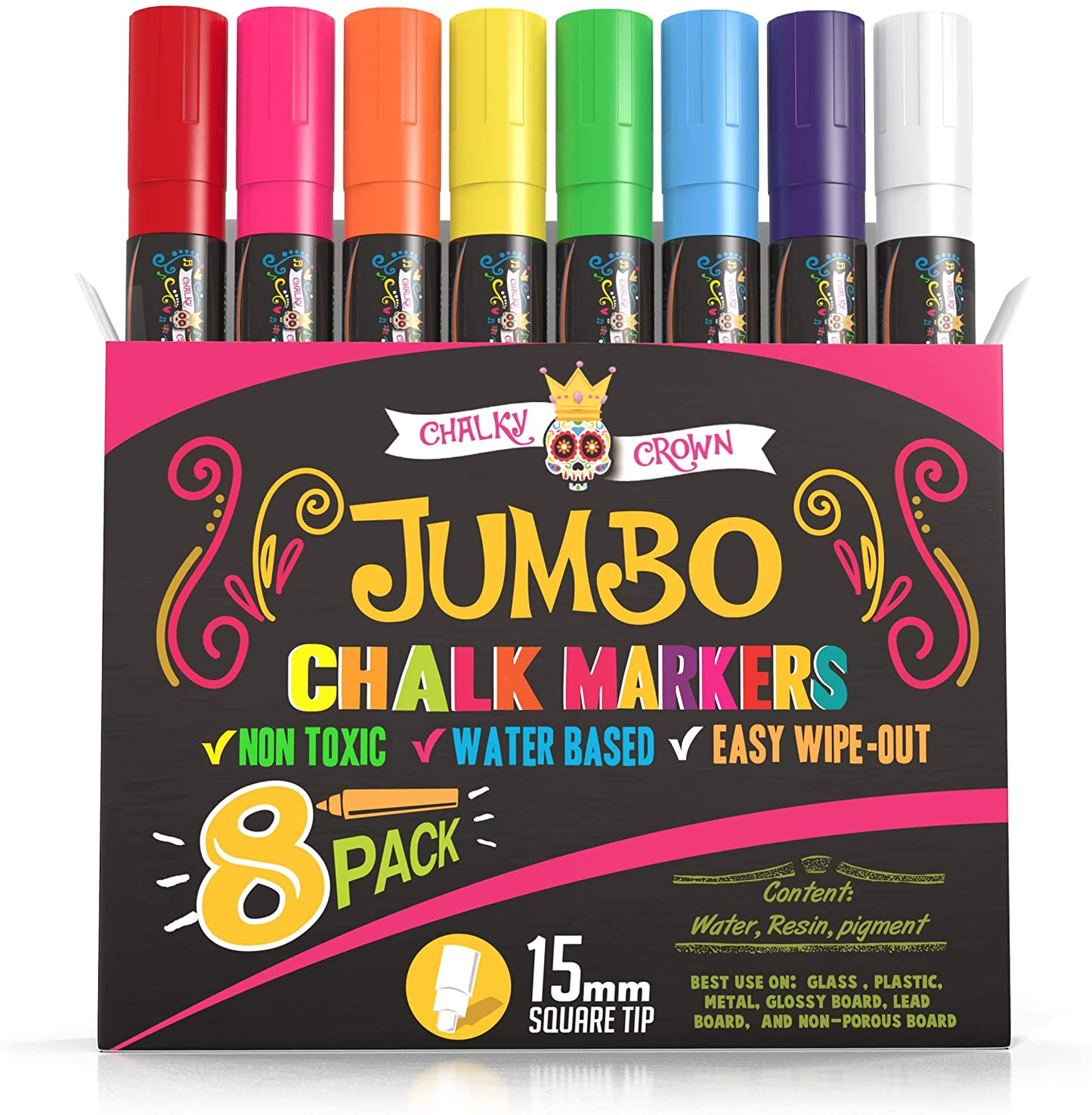 Jumbo Liquid Chalk Markers - Bold Chalk Markers for Chalkboards, Window Markers, Chalk Pens for Signs, Blackboard, Glass - Square Reversible Tip - 24 Chalkboard Labels Included (15Mm, 8 Pack)