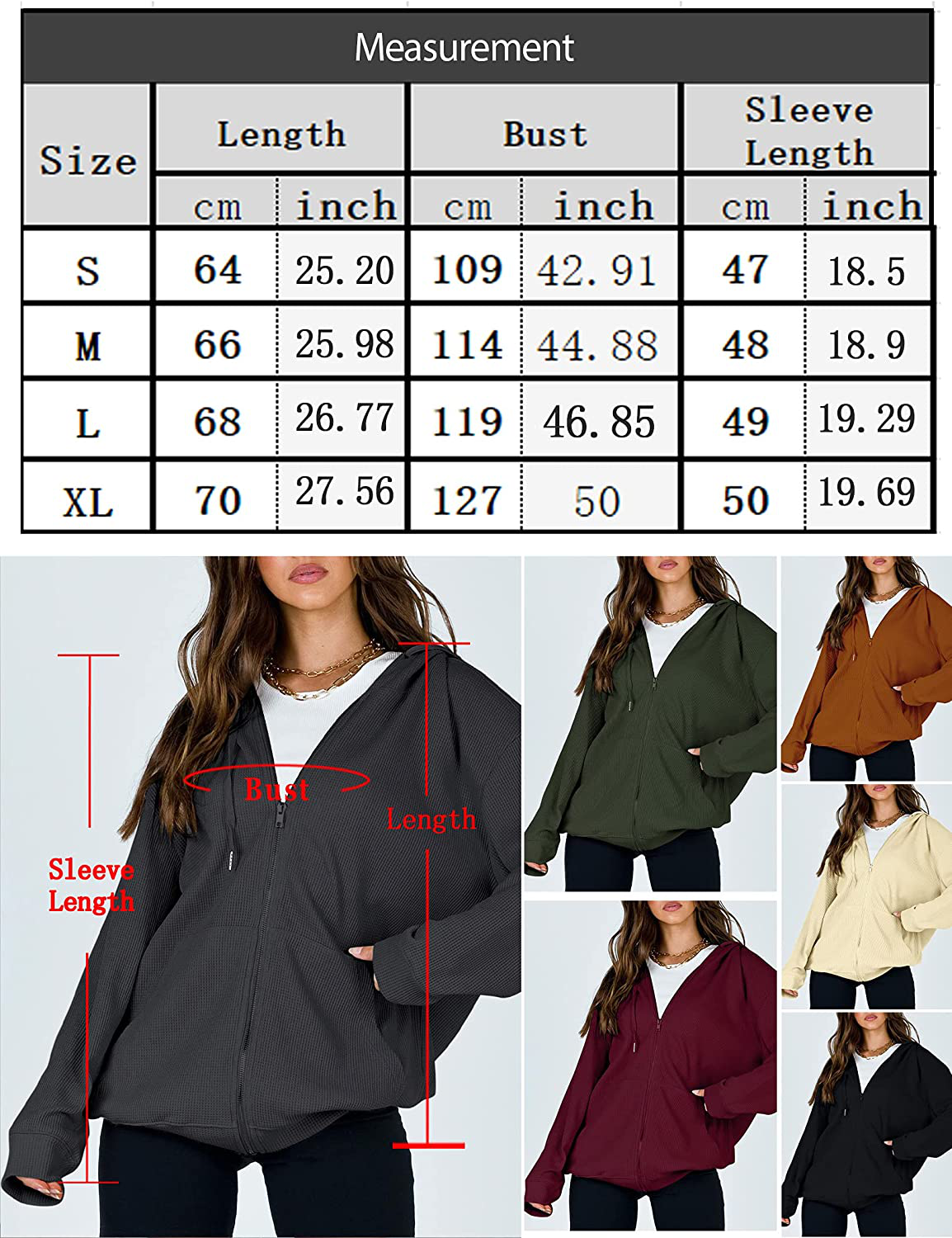 Cowasto Women's Casual Zip Up Hoodie Jacket Long Sleeve Waffle Hooded Sweatshirt With Pockets