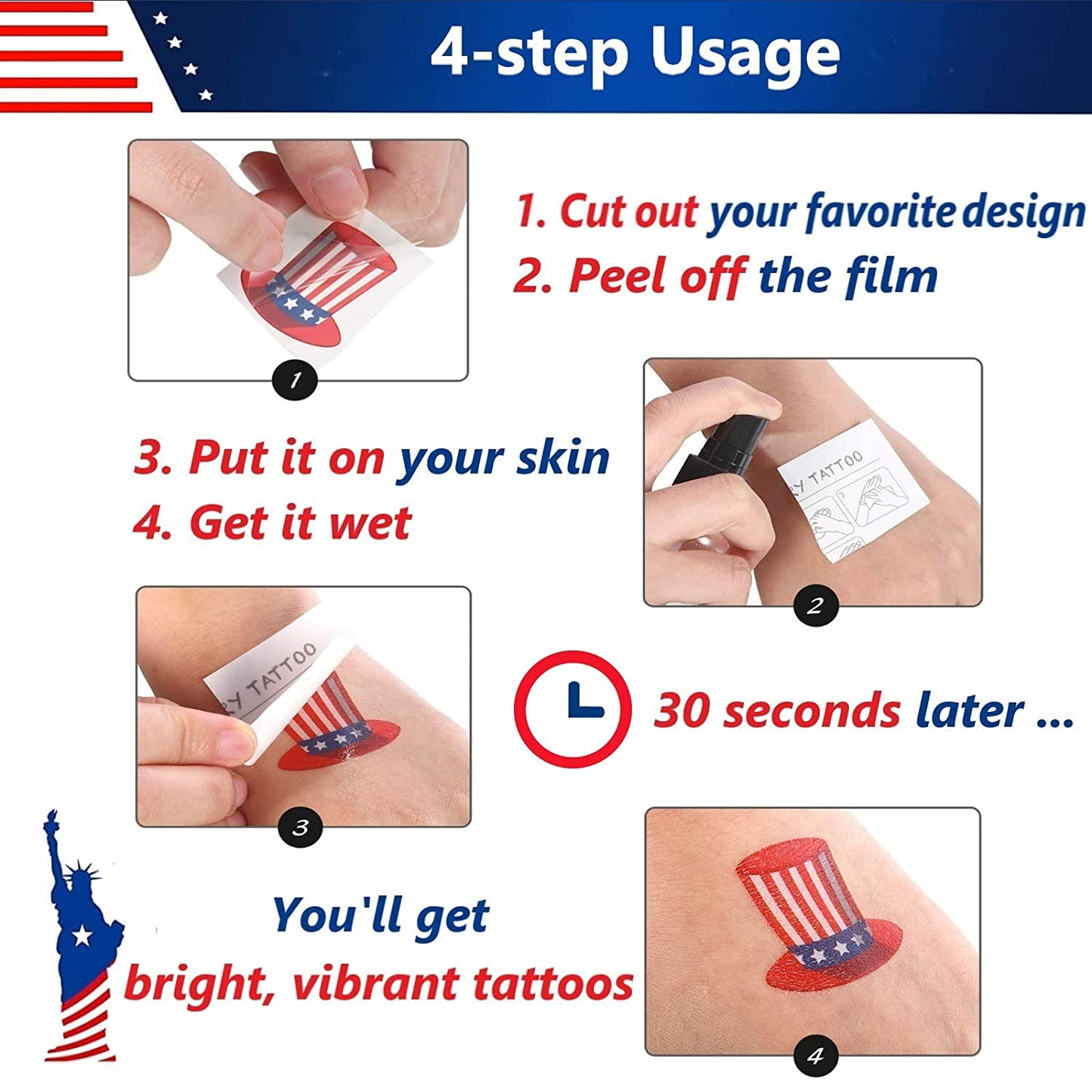 10 Sheets 4Th of July Temporary Tattoos, 80 Pcs Cute Waterproof Patriotic Tattoos for 4Th of July Decorations Patriotic Decor