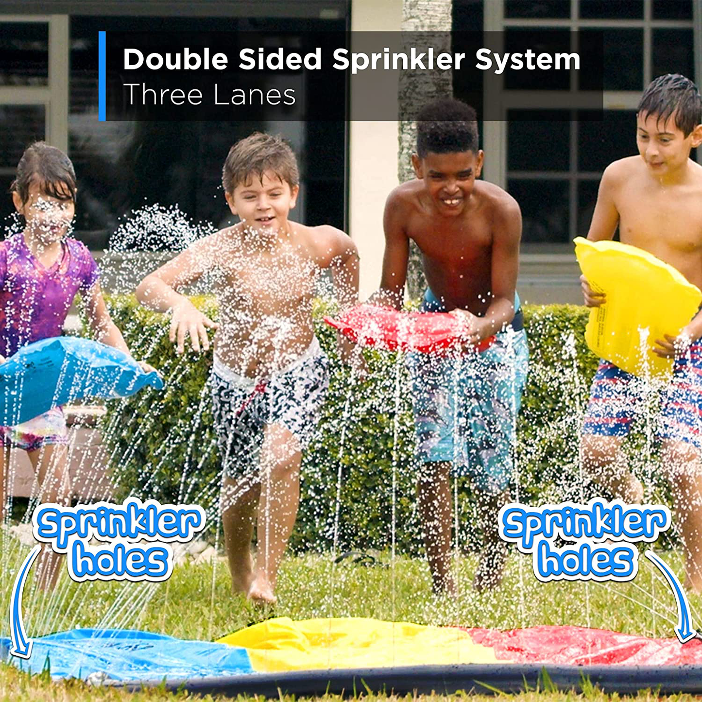 Jambo Triple Lane Slip, Splash and Slide (Newest 2021 Model) for Backyards| Water Slide Waterslide with 3 Boogie Boards | 16' Foot 3 Sliding Racing Lanes with Sprinklers | Durable PVC Construction