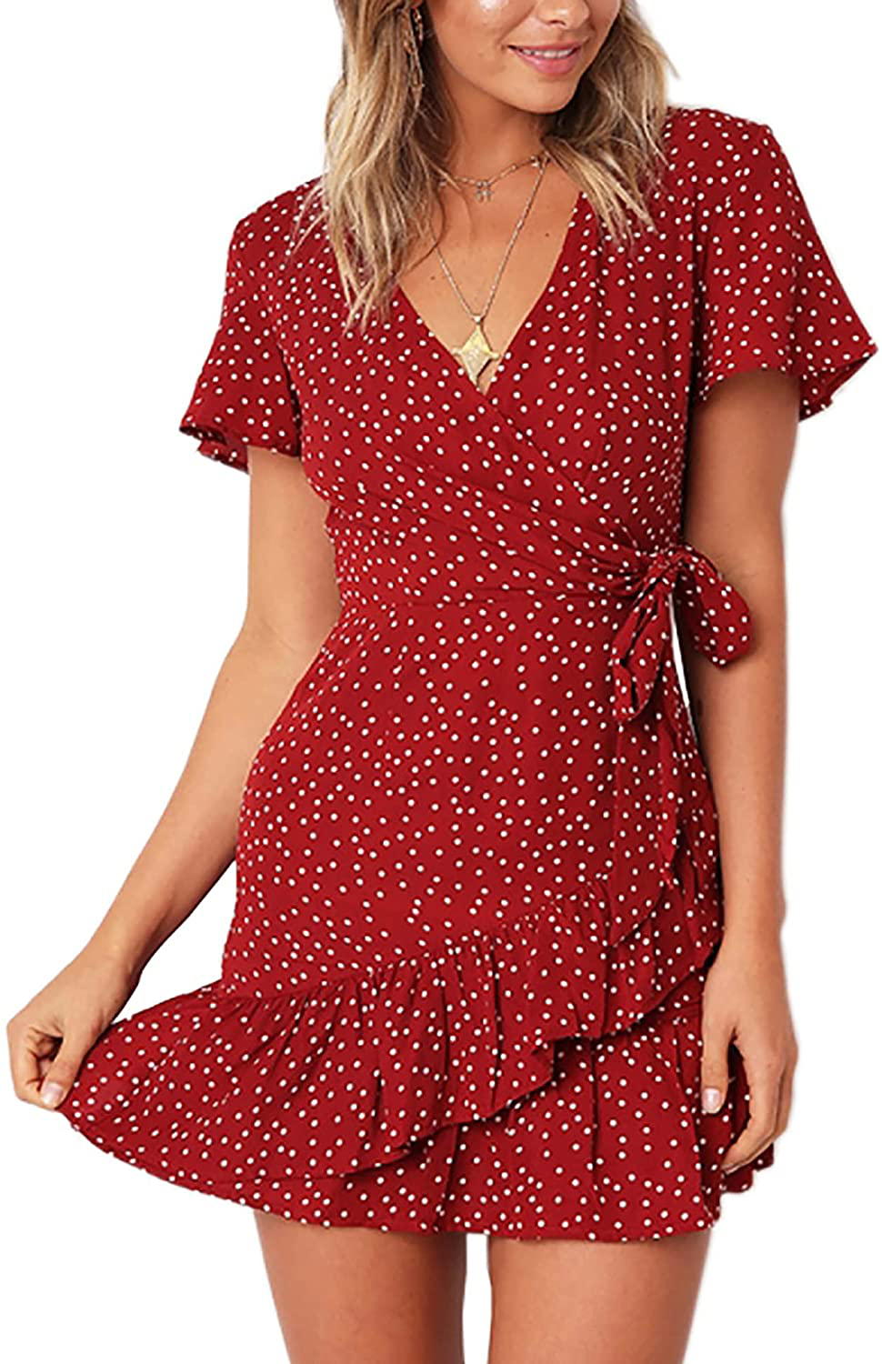 Relipop Summer Women Short Sleeve Print Dress V Neck Casual Short Dresses
