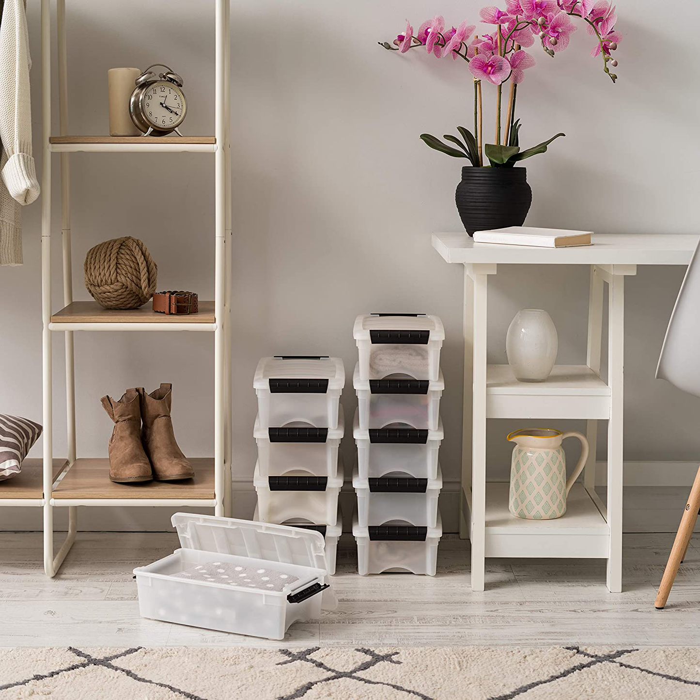 IRIS USA TB Pearl Plastic Storage Bin Tote Organizing Container with Durable Lid and Secure Latching Buckles, 19 Qt, 6 Count