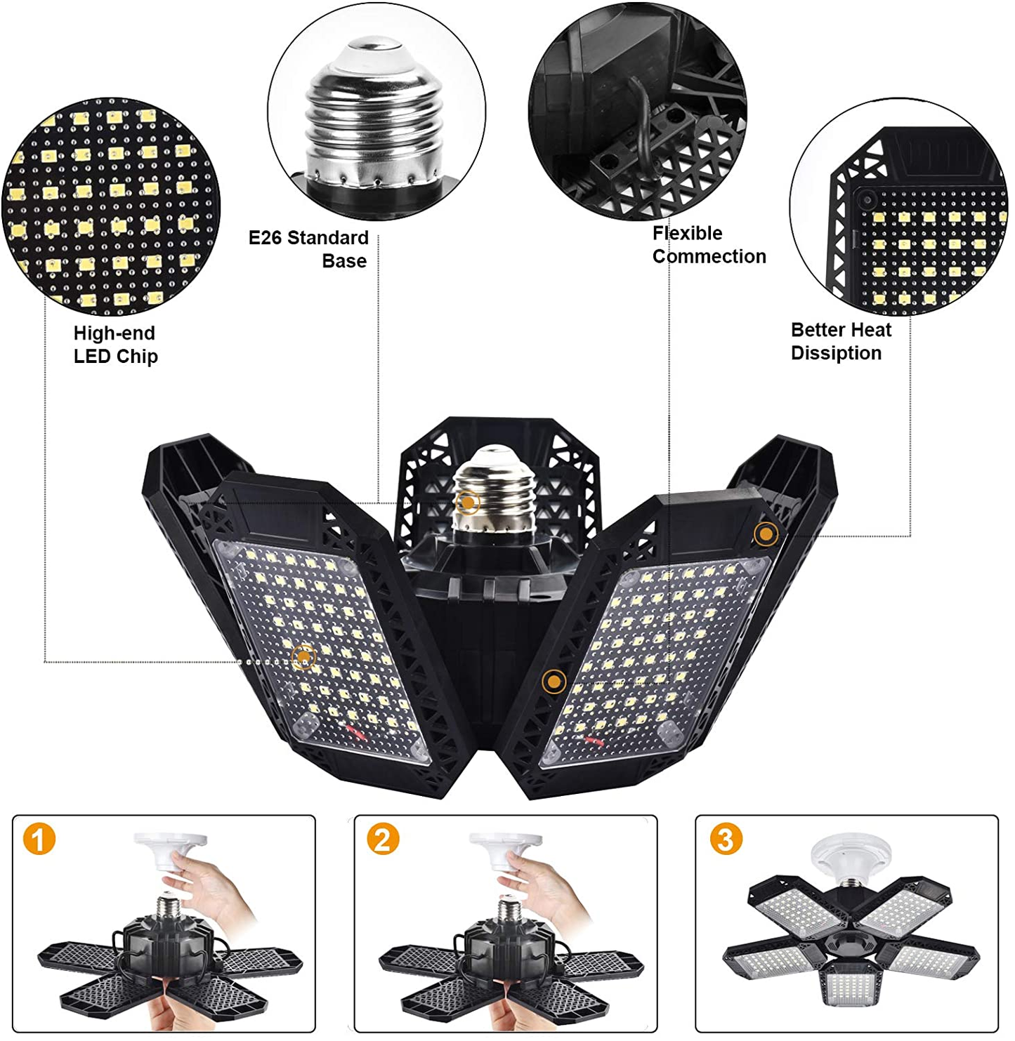 2 Pack LED Garage Lights, 120W Deformable LED Garage Ceiling Lights with 5 Adjustable Panels, 12000LM E26 LED Shop Lights for Garage, Basement, Barn, High Bay Light (2 Pack)
