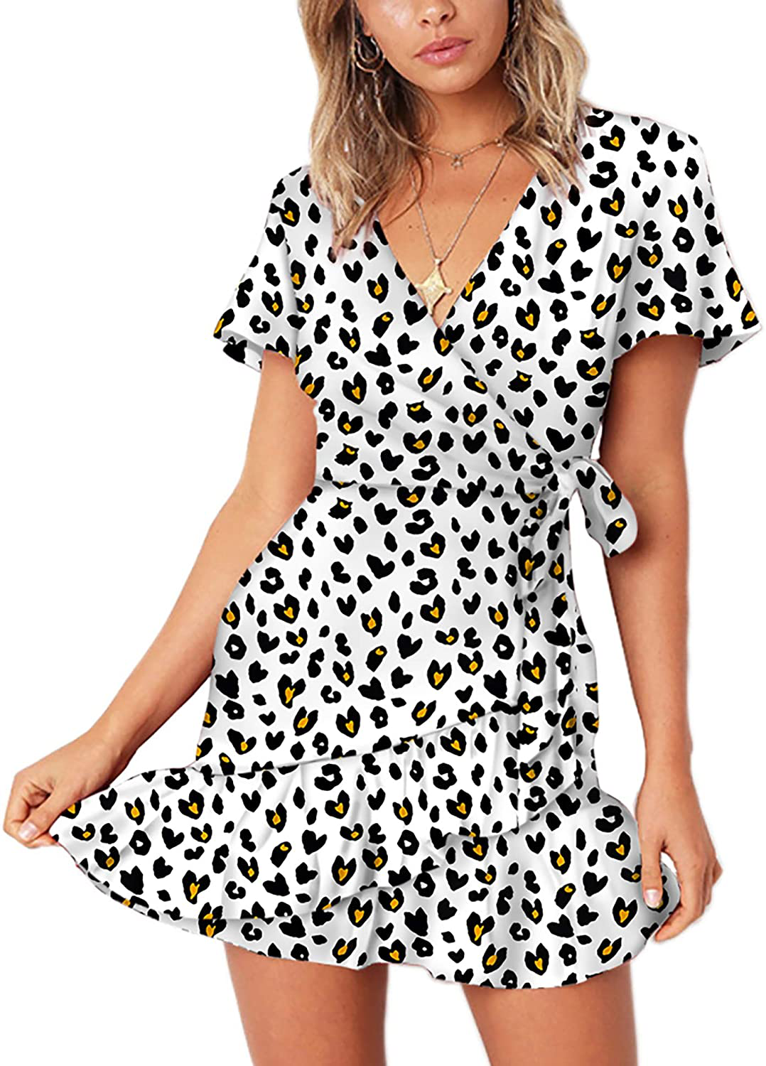 Relipop Summer Women Short Sleeve Print Dress V Neck Casual Short Dresses