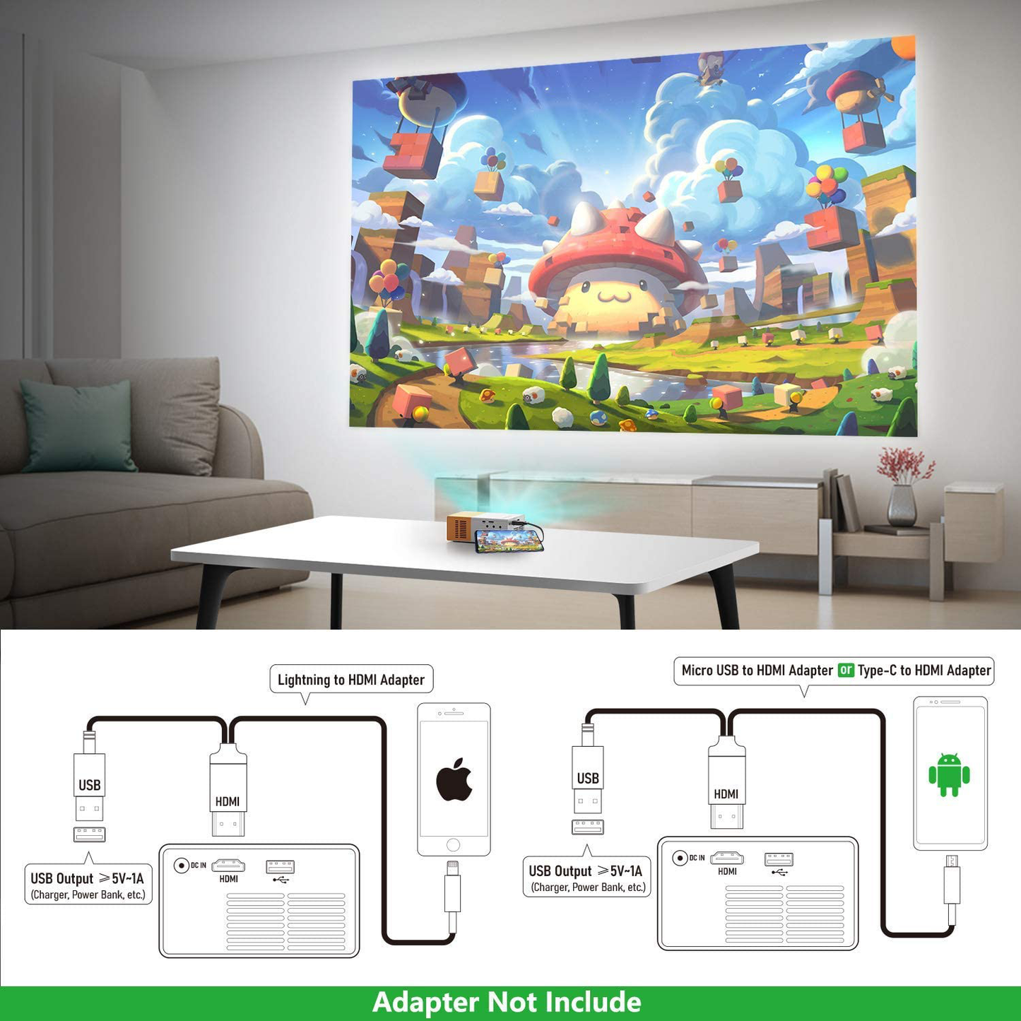 Mini Projector, PVO Portable Projector for Cartoon, Kids Gift, Outdoor Movie Projector, LED Pico Video Projector for Home Theater Movie Projector with HDMI USB TV AV Interfaces and Remote Control