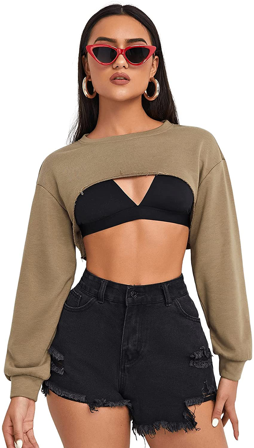 SweatyRocks Women's Casual Solid Cut Out Front Long Sleeve Pullover Crop Top Sweatshirt