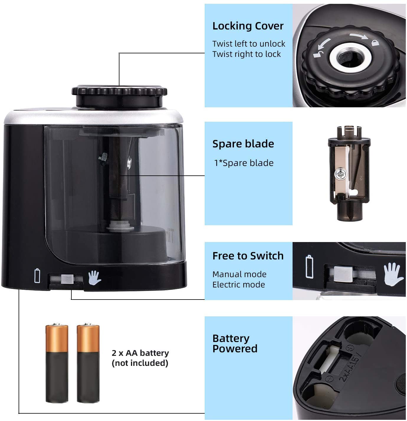 Pencil Sharpener Electric Pencil Sharpeners, Portable Pencil Sharpener Kids, Blade to Fast Sharpen
